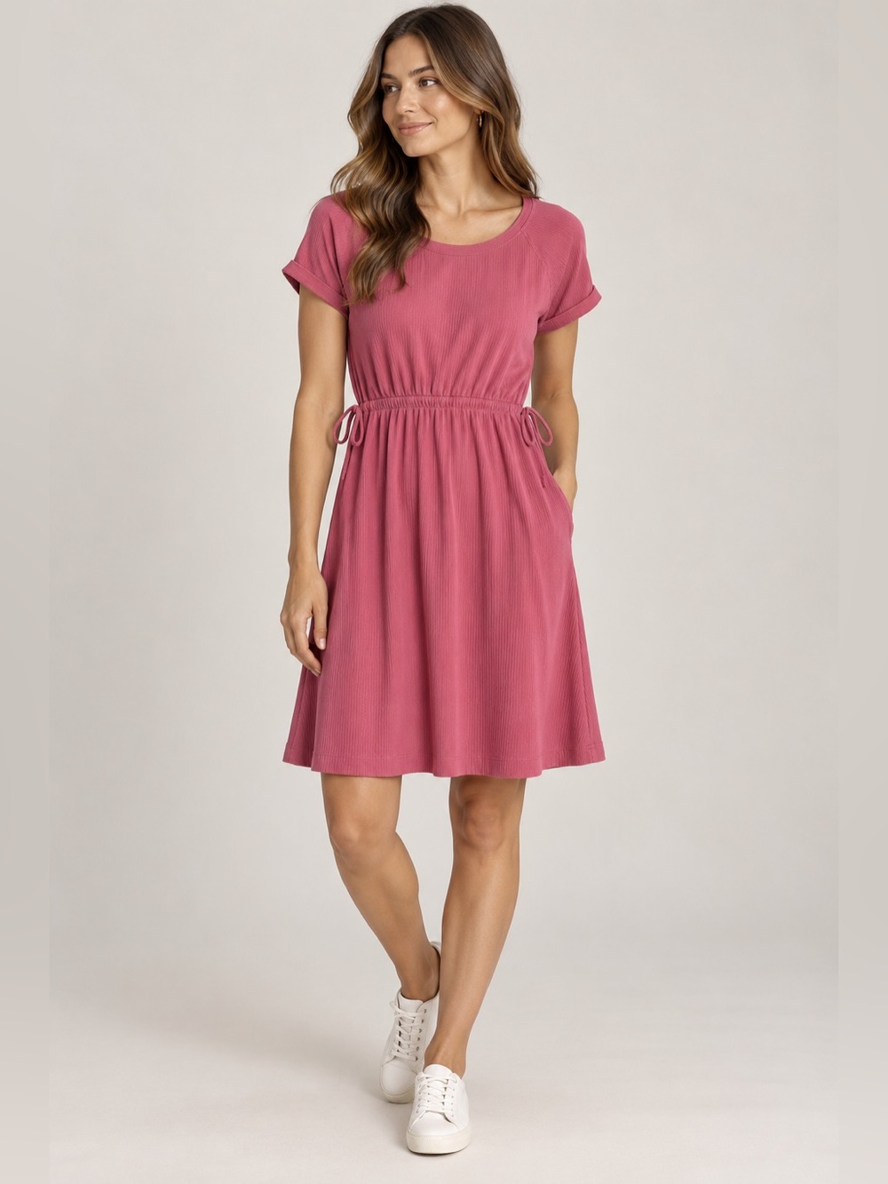 Anthropologie Saturday Sunday Pink Ribbed Drawstring Dress | Size Medium